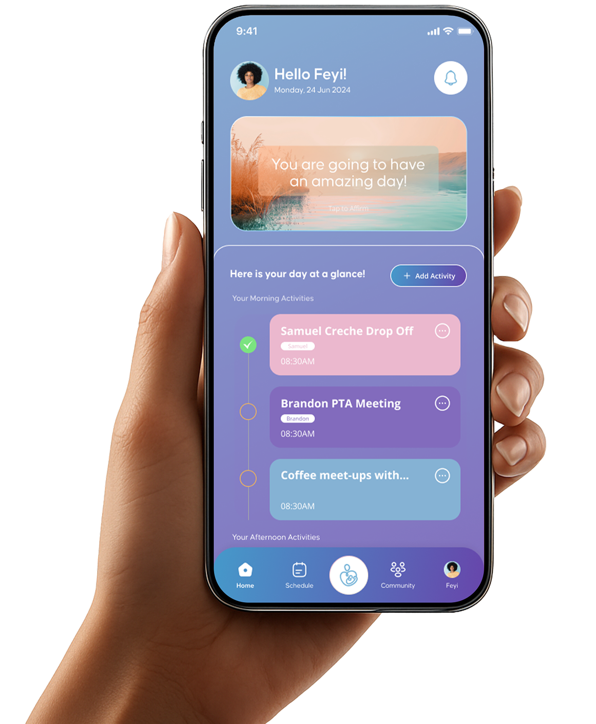 Home Screen of the AI assistant for mums app Swaddle
